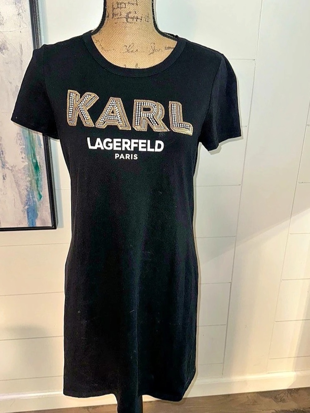 Karl Lagerfeld Paris Black Pearl Sequin Logo T-Shirt Dress Petite M